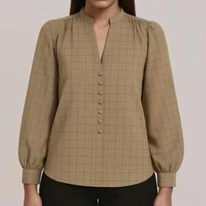 Rendezvous Nehru Collar Windowpane Check Blouse Tan 14